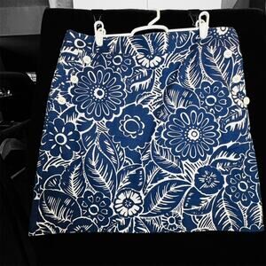 Talbots Navy Blue & White Floral Cotton A-Line Skirt - Size 12